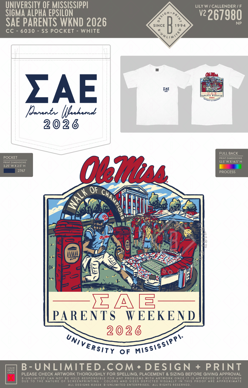 University of Mississippi Sigma Alpha Epsilon - SAE Parents WKND 2026 - CC - 6030 - SS Pocket - White