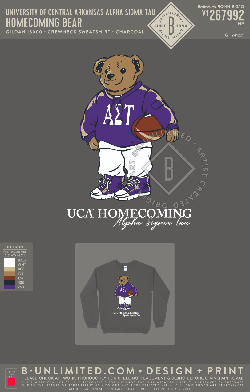 University of Central Arkansas Alpha Sigma Tau - Homecoming Bear - Gildan - 18000 - Crewneck Sweatshirt - Charcoal