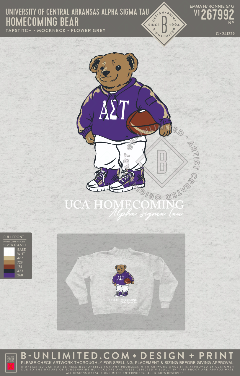 University of Central Arkansas Alpha Sigma Tau - Homecoming Bear - Tap Stitch - WW0004-P001-V2 - Mockneck Crewneck Sweatshirt - Flower Grey