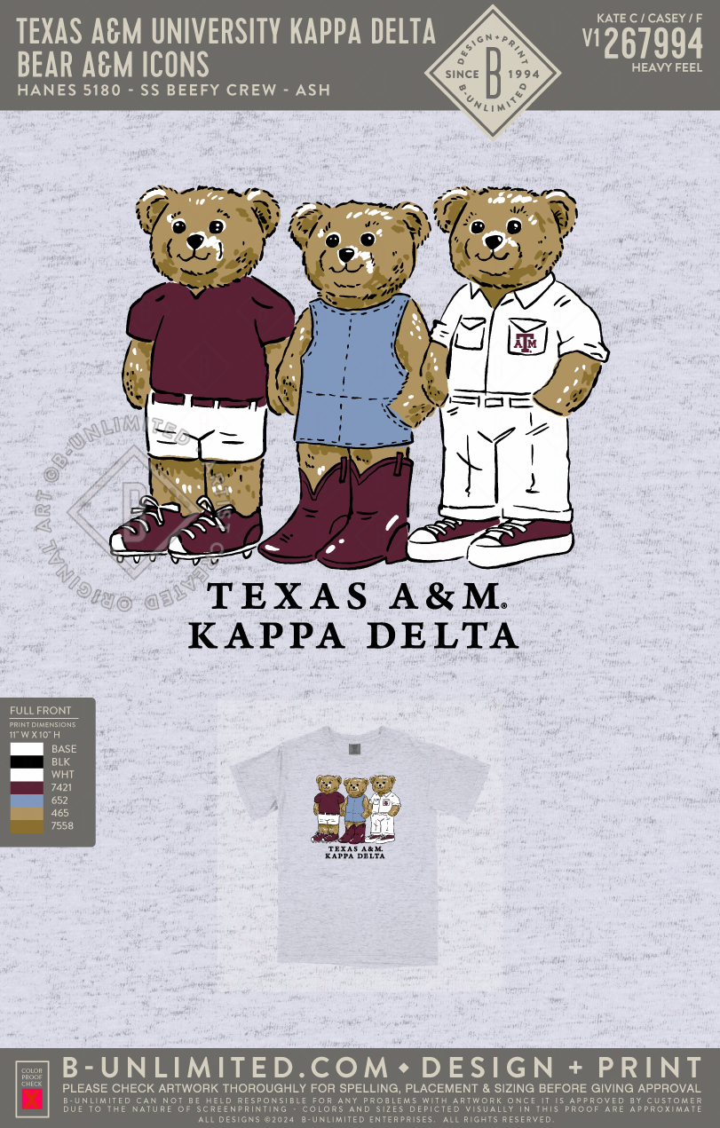 Texas A&M University Kappa Delta - Bear A&M Icons - Hanes - 5180 - SS Beefy Crew - Ash