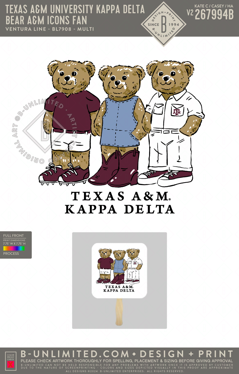 Texas A&M University Kappa Delta - Bear A&M Icons Fan - Ventura Line - BL7908 - Fan - Multi