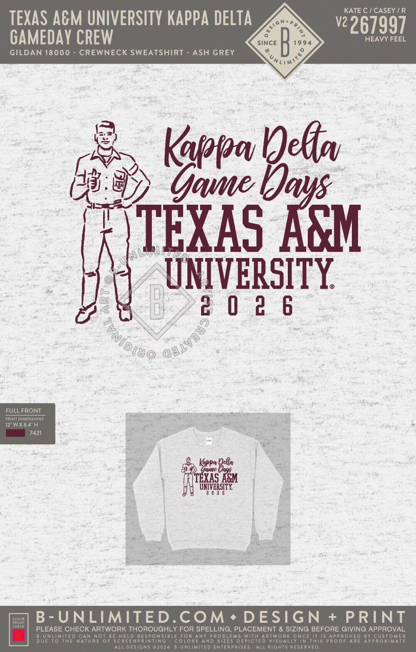 Texas A&M University Kappa Delta - Gameday Crew - Gildan - 18000 - Crewneck Sweatshirt - Ash Grey