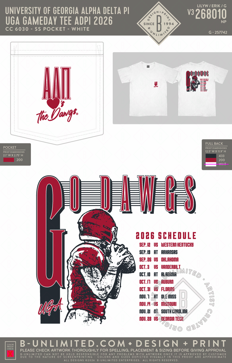 UGA ADPI - UGA Gameday Tee ADPI 2026 - CC - 6030 - SS Pocket - White