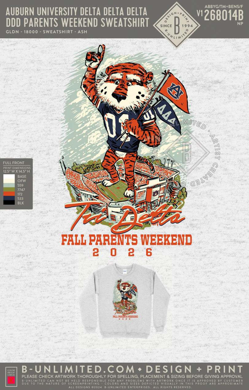 Auburn University Delta Delta Delta - DDD Parents Weekend Sweatshirt - Gildan - 18000 - Crewneck Sweatshirt - Ash Grey