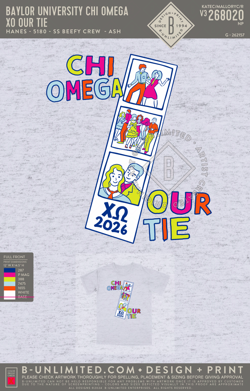 Baylor University Chi Omega - XO Our Tie - Hanes - 5180 - SS Beefy Crew - Ash