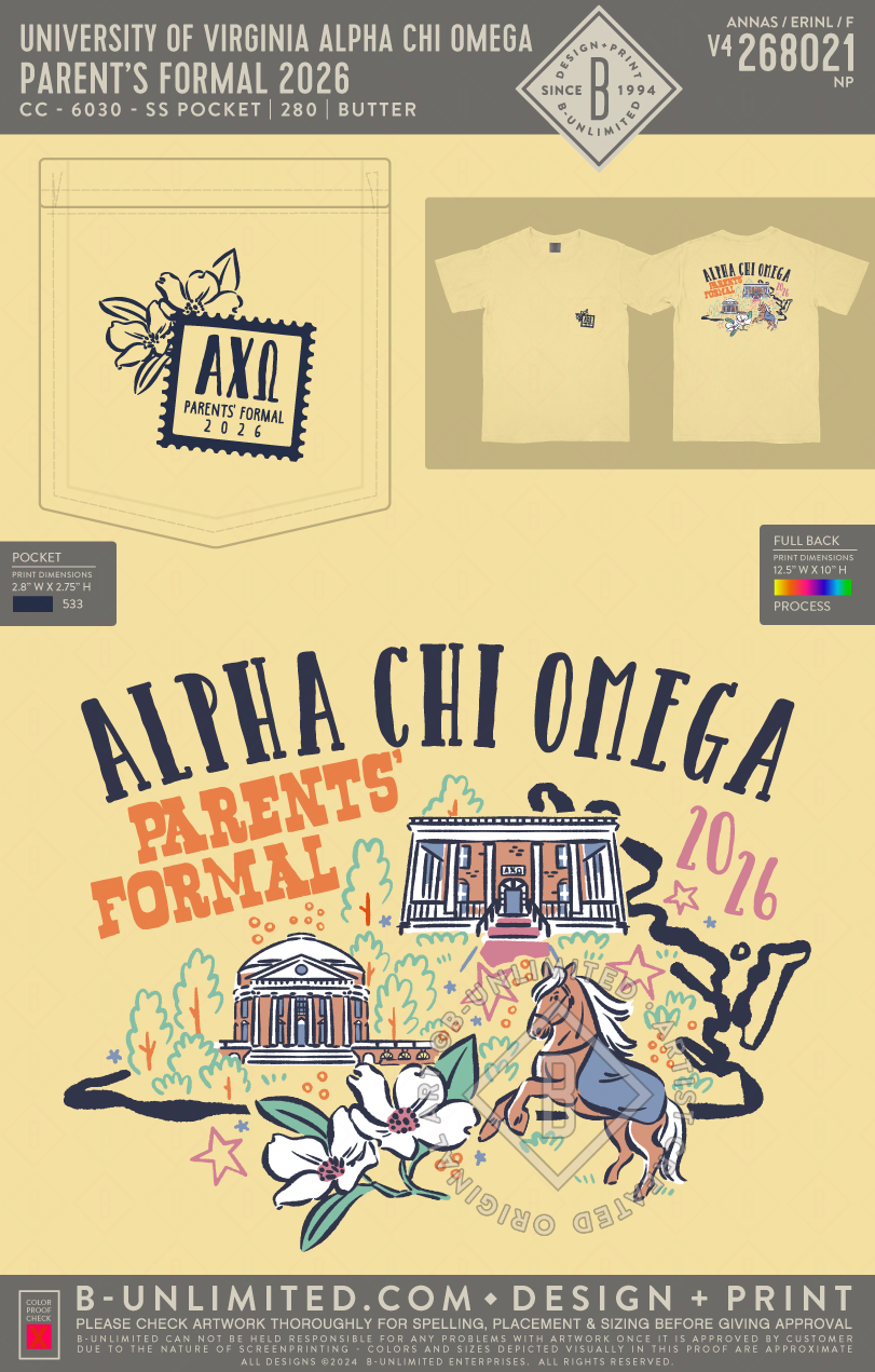 University of Virginia Alpha Chi Omega - Parents Formal 2026 - CC - 6030 - SS Pocket - Butter