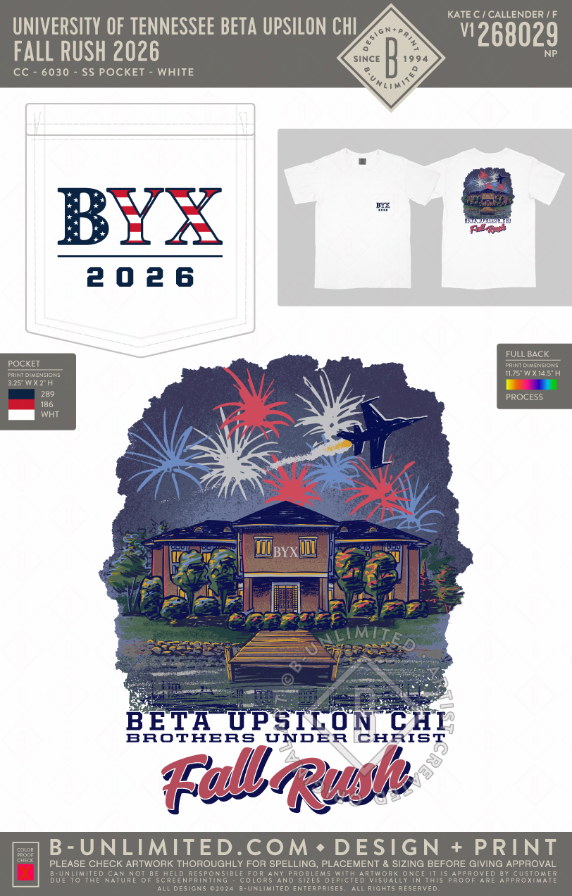 University of Tennessee Beta Upsilon Chi - Fall Rush 2026 - CC - 6030 - SS Pocket - White