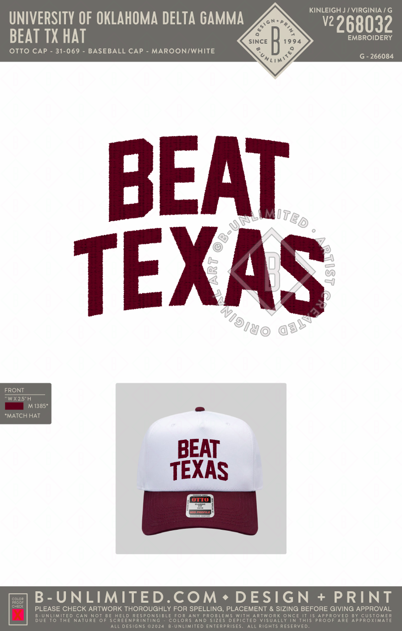 University of Oklahoma Delta Gamma - Beat TX Hat - Otto Cap - 31-069 - Baseball Cap - Maroon/White