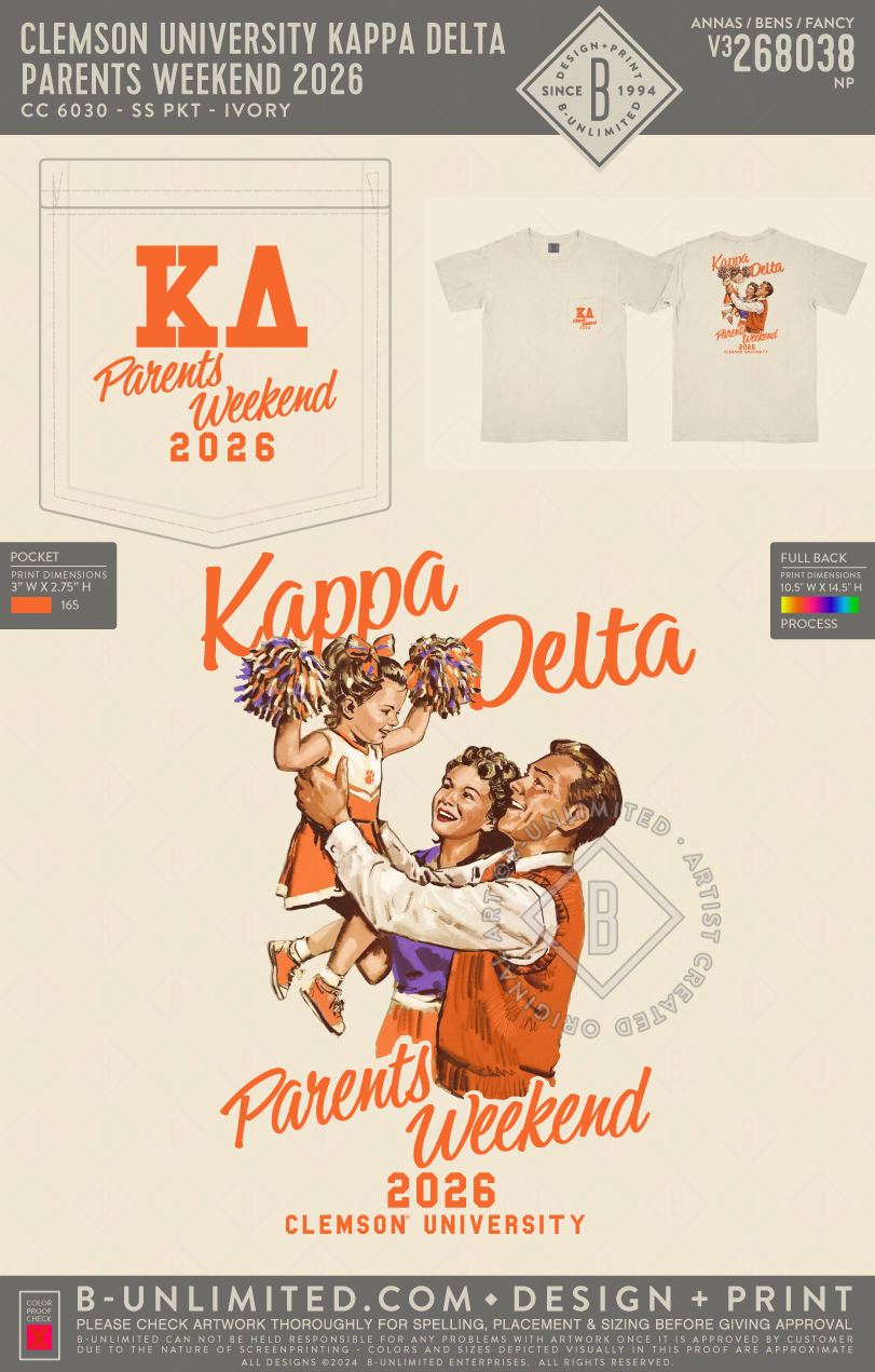 Clemson University Kappa Delta - Parents Weekend 2026 - CC - 6030 - SS Pocket - Ivory