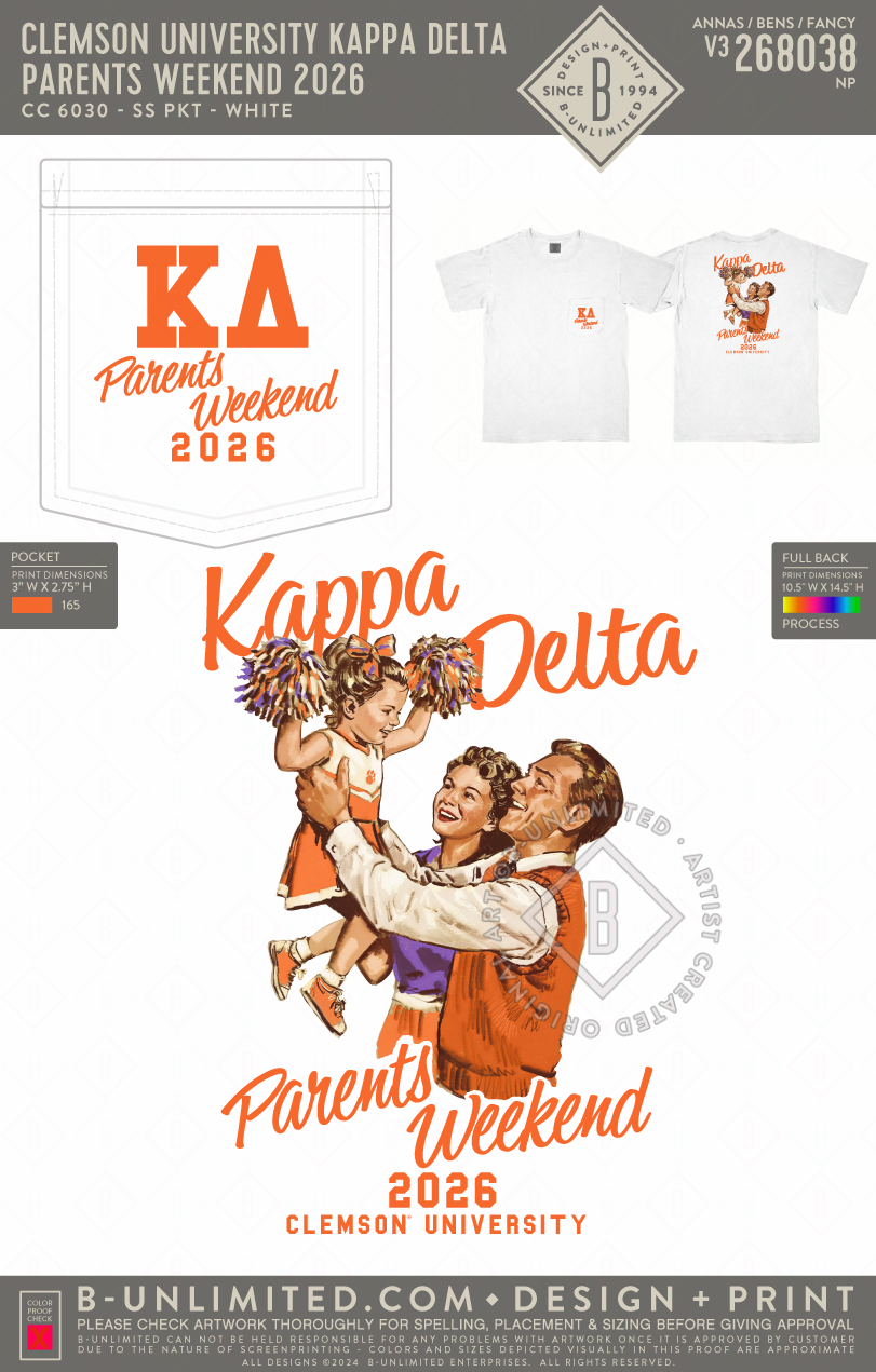 Clemson University Kappa Delta - Parents Weekend 2026 - CC - 6030 - SS Pocket - White