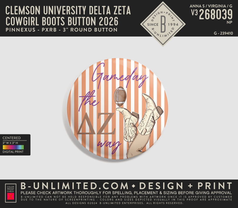 Clemson University Delta Zeta - Cowgirl boots button 2026 - PinNexus - PXRB - 3" Round Button - Multi
