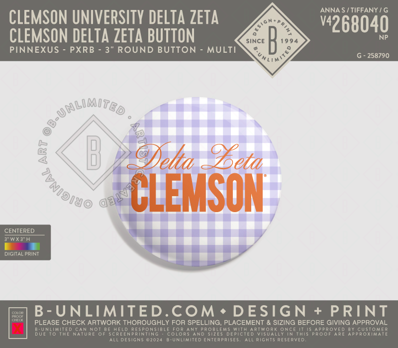 Clemson University Delta Zeta - Clemson Delta Zeta Button - PinNexus - PXRB - 3" Round Button - Multi