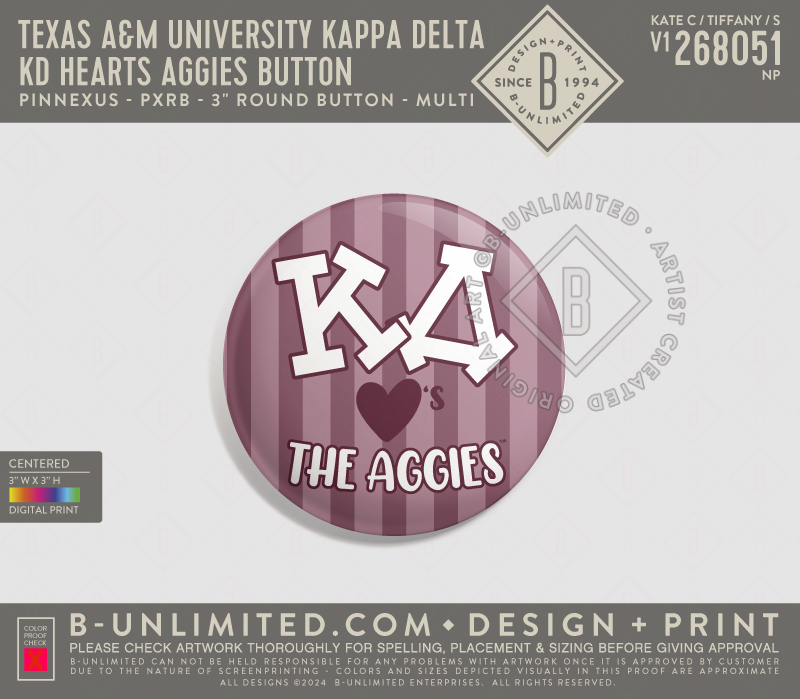 Texas A&M University Kappa Delta - KD Hearts Aggies Button - PinNexus - PXRB - 3" Round Button - Multi