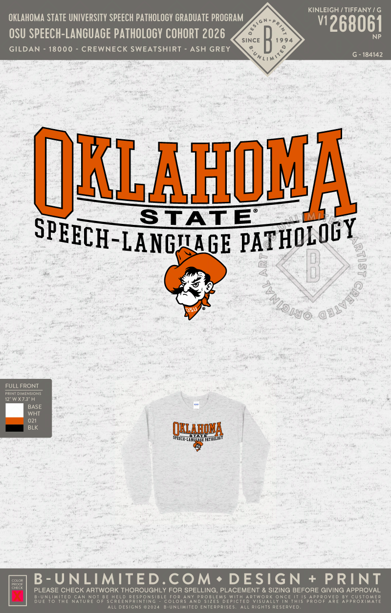 Oklahoma State University Speech Pathology Graduate Program - OSU Speech-Language Pathology Cohort 2026 - Gildan - 18000 - Crewneck Sweatshirt - Ash Grey
