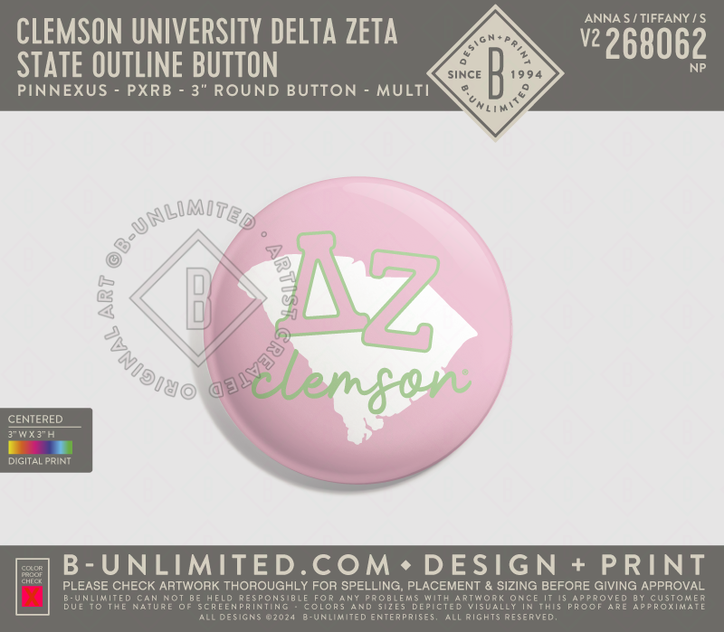 Clemson University Delta Zeta - State Outline Button - PinNexus - PXRB - 3" Round Button - Multi