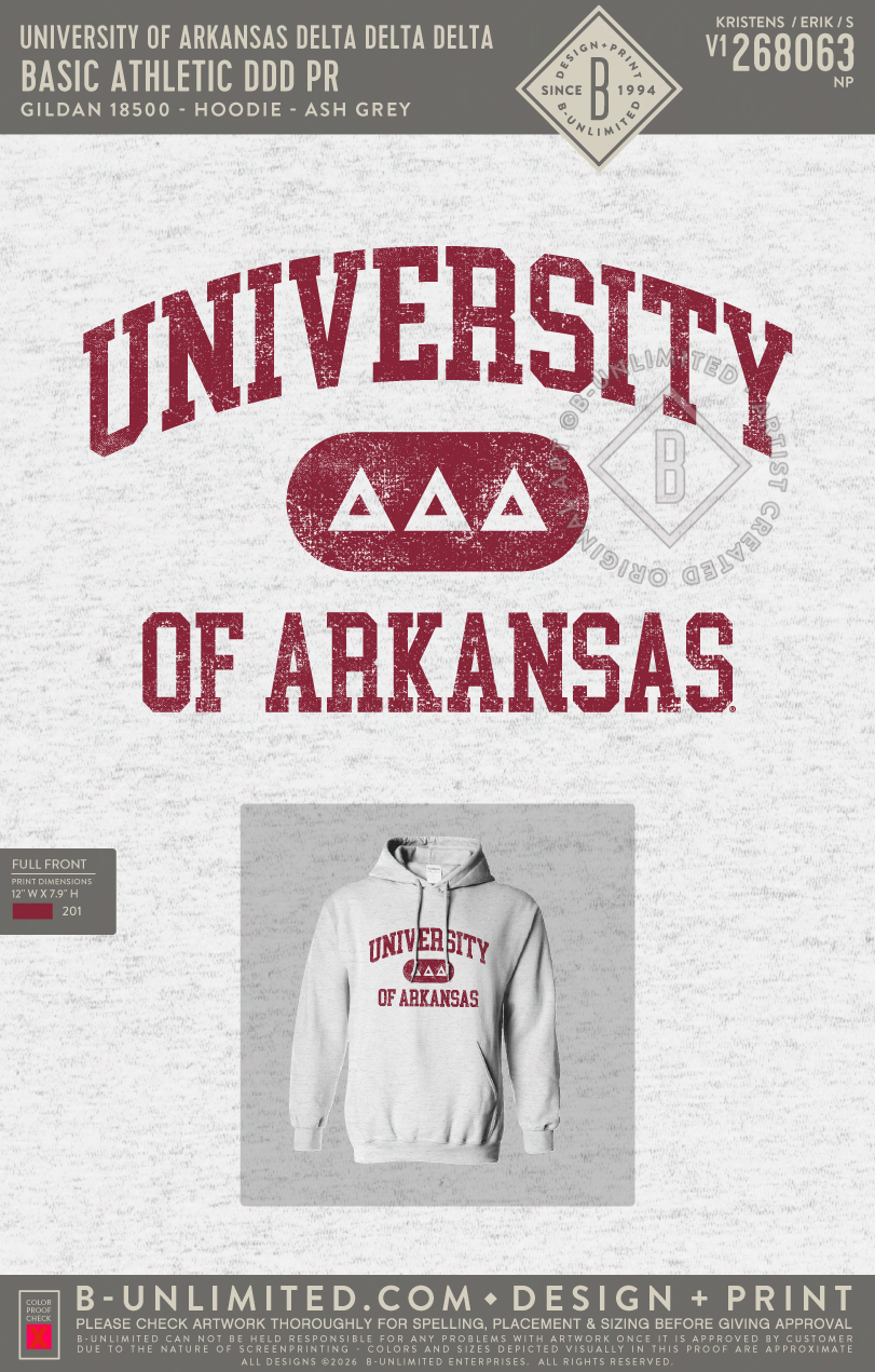 University of Arkansas Delta Delta Delta - Basic Athletic DDD PR - Gildan - 18500 - Hoodie - Ash Grey