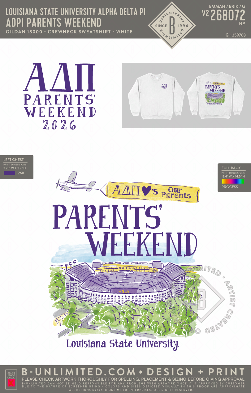 Louisiana State University Alpha Delta Pi - ADPI Parents Weekend - Gildan - 18000 - Crewneck Sweatshirt - White