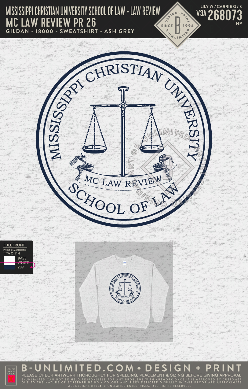 Mississippi Christian University School of Law - Law Review - MC Law Review PR 26 - Gildan - 18000 - Crewneck Sweatshirt - Ash Grey