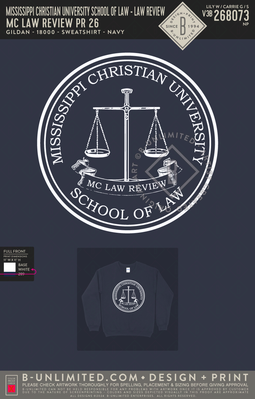 Mississippi Christian University School of Law - Law Review - MC Law Review PR 26 - Gildan - 18000 - Crewneck Sweatshirt - Navy