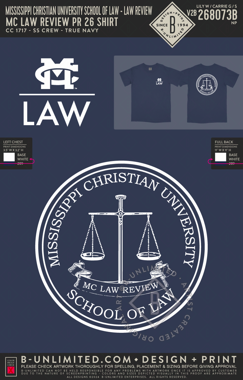 Mississippi Christian University School of Law - Law Review - MC Law Review PR 26 Shirt - CC - 1717 - SS Crew - True Navy