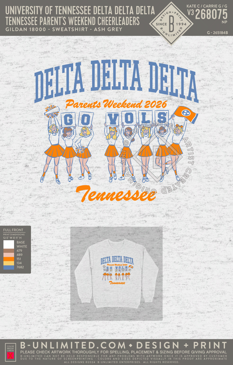 University of Tennessee Delta Delta Delta - Tennessee Parent's Weekend Cheerleaders - Gildan - 18000 - Crewneck Sweatshirt - Ash Grey