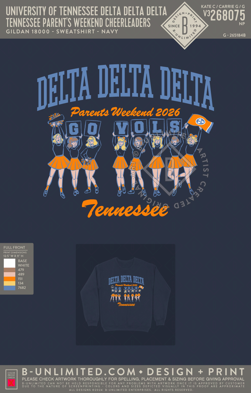 University of Tennessee Delta Delta Delta - Tennessee Parent's Weekend Cheerleaders - Gildan - 18000 - Crewneck Sweatshirt - Navy