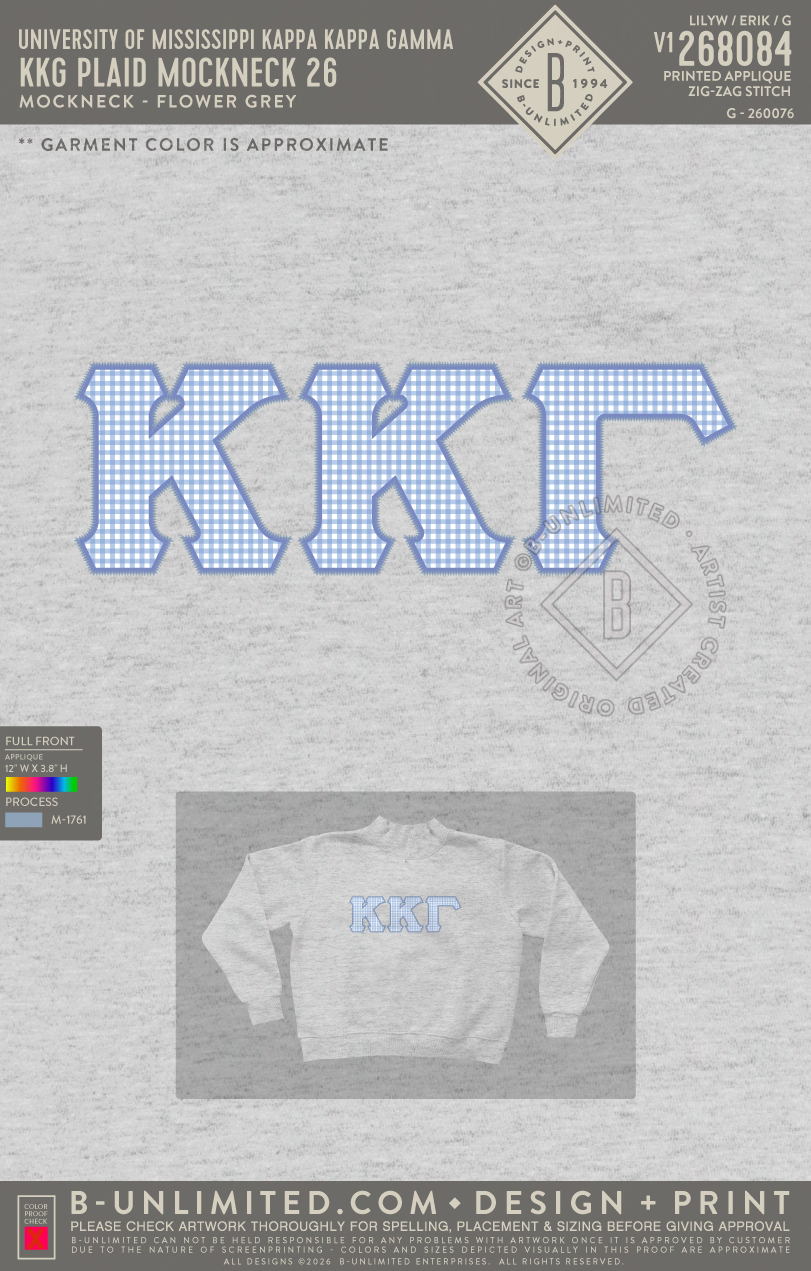 University of Mississippi Kappa Kappa Gamma - KKG Plaid Mockneck 26 - Tap Stitch - WW0004-P001-V2 - Mockneck Crewneck Sweatshirt - Flower Grey
