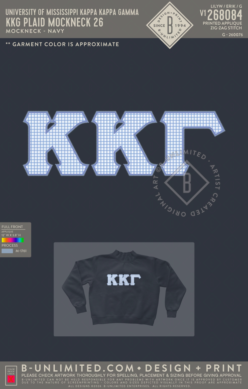 University of Mississippi Kappa Kappa Gamma - KKG Plaid Mockneck 26 - Tap Stitch - WW0004-P001-V2 - Mockneck Crewneck Sweatshirt - Navy Blue