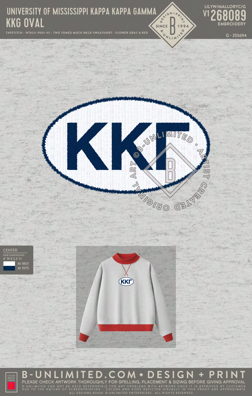 University of Mississippi Kappa Kappa Gamma - KKG OVAL - Tapstitch - WT0211-P001-V2 - Two Toned Mock Neck Sweatshirt - Flower Gray with Red