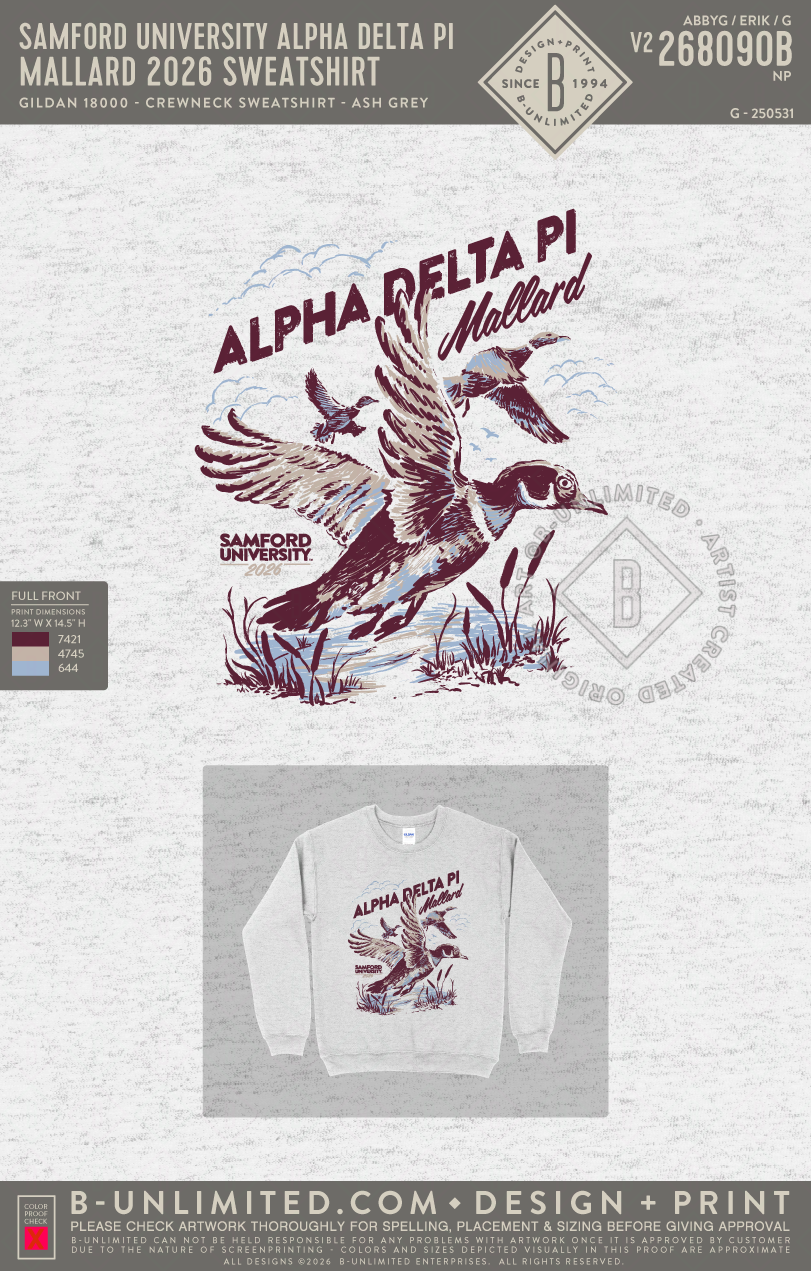 Samford University Alpha Delta Pi - Mallard 2026 Sweatshirt - Gildan - 18000 - Crewneck Sweatshirt - Ash Grey