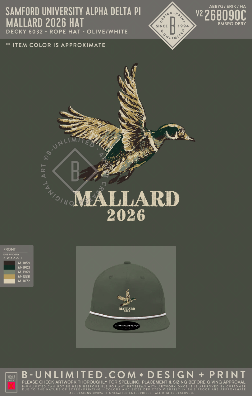 Samford University Alpha Delta Pi - Mallard 2026 Hat - Decky - 6032 - 5 Panel High Profile Cotton/Poly Blend Rope Hat - Olive/White