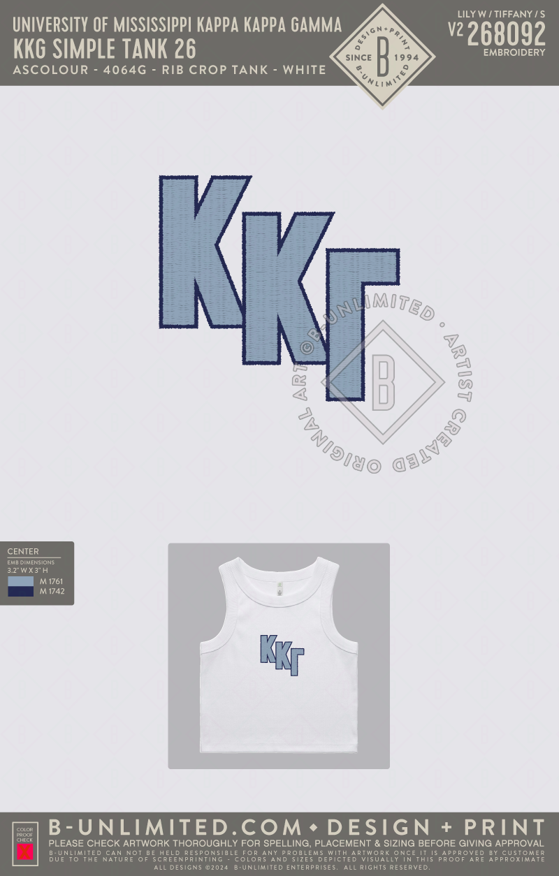 University of Mississippi Kappa Kappa Gamma - KKG Simple Tank 26 - ASColour - 4064G - Rib Crop Tank - White