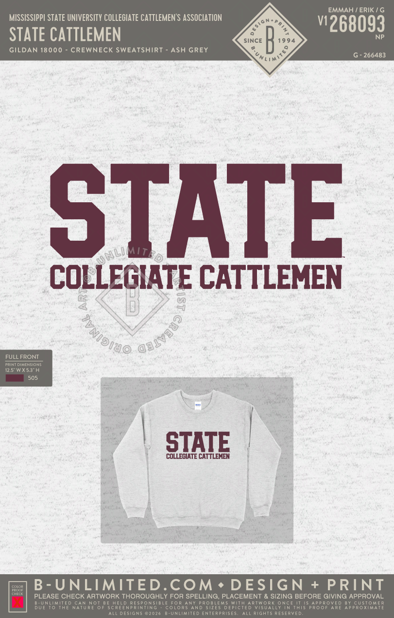 Mississippi State University Collegiate Cattlemen's Association - STATE Cattlemen - Gildan - 18000 - Crewneck Sweatshirt - Ash Grey