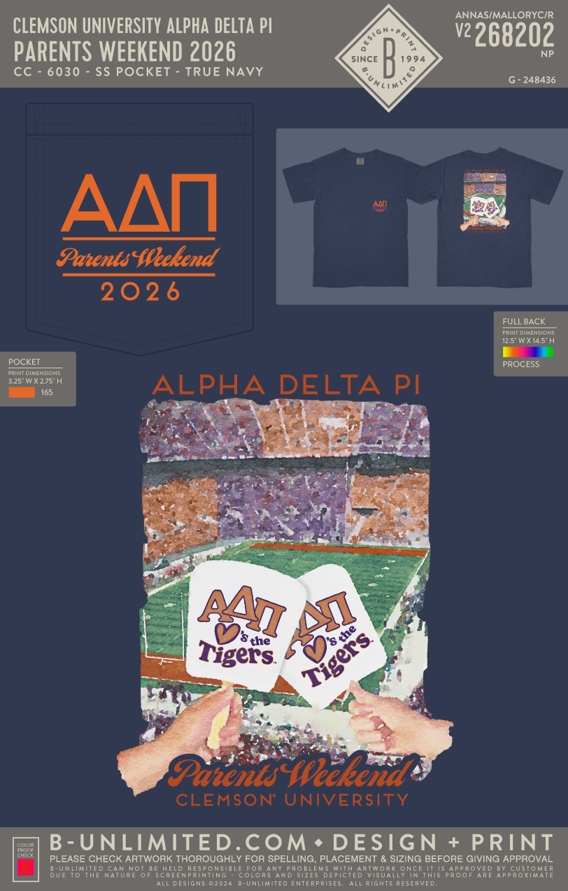 Clemson University Alpha Delta Pi - Parents Weekend 2026 - CC - 6030 - SS Pocket - True Navy