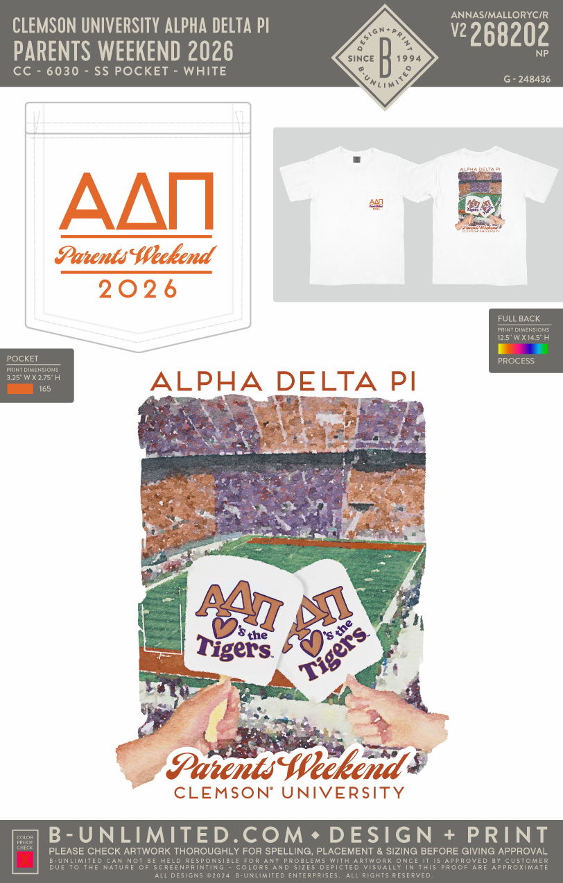 Clemson University Alpha Delta Pi - Parents Weekend 2026 - CC - 6030 - SS Pocket - White