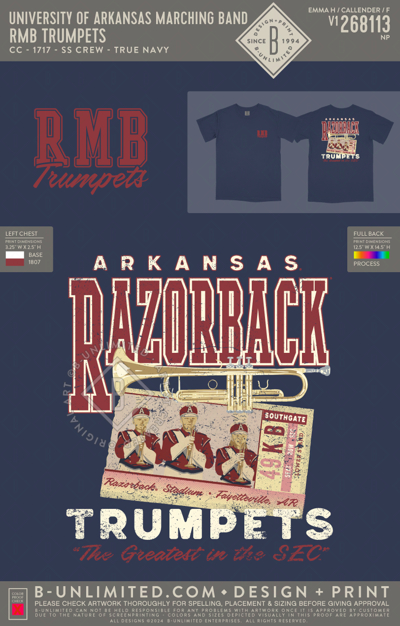 University of Arkansas Marching Band - RMB Trumpets - CC - 1717 - SS Crew - True Navy
