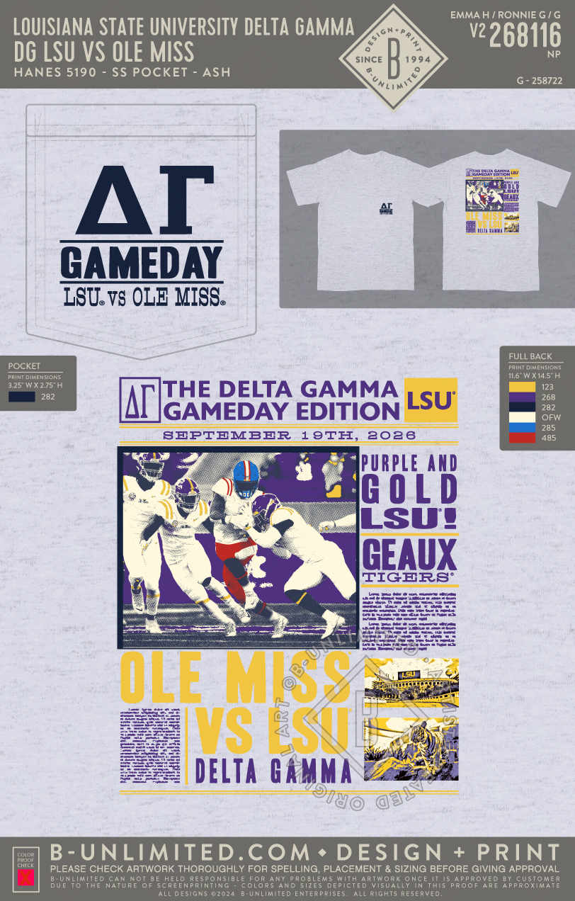 Louisiana State University Delta Gamma - DG LSU vs Ole Miss - Hanes - 5190 - SS Beefy Pocket - Ash