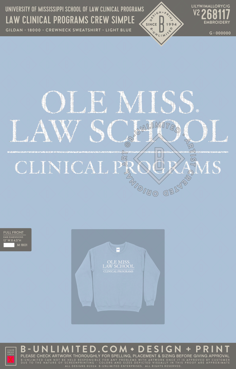 University of Mississippi School of Law Clinical Programs - Law Clinical Programs Crew Simple - Gildan - 18000 - Crewneck Sweatshirt - Light Blue