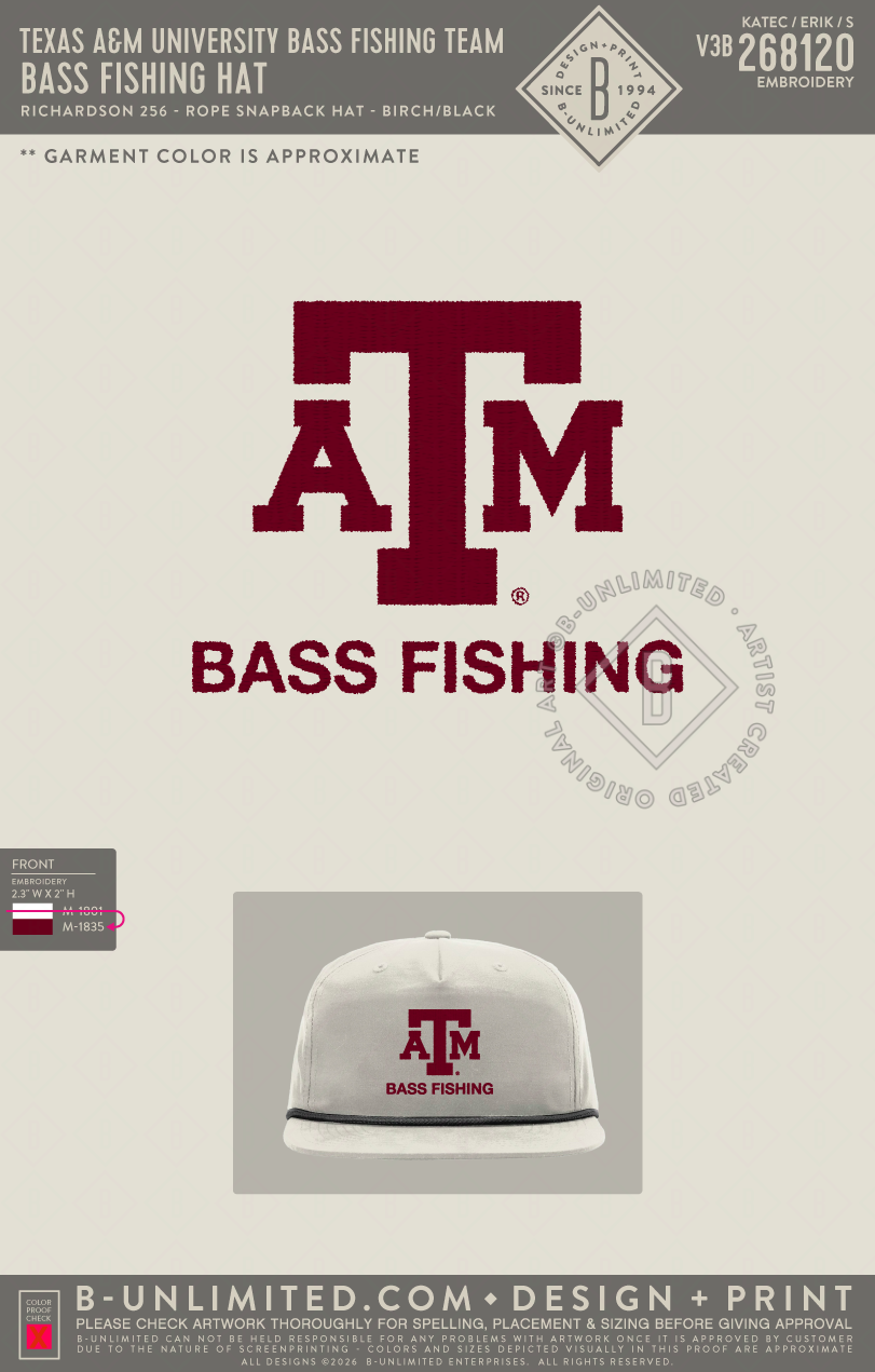 Texas A&M University Bass Fishing Team - Bass Fishing Hat - Richardson - 256 - Rope Snapback Hat - Birch/Black