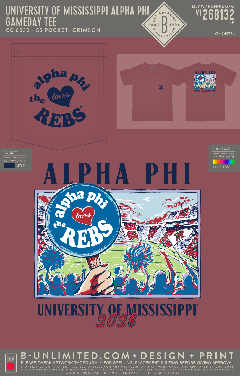 University of Mississippi Alpha Phi - Gameday Tee - CC - 6030 - SS Pocket - Crimson
