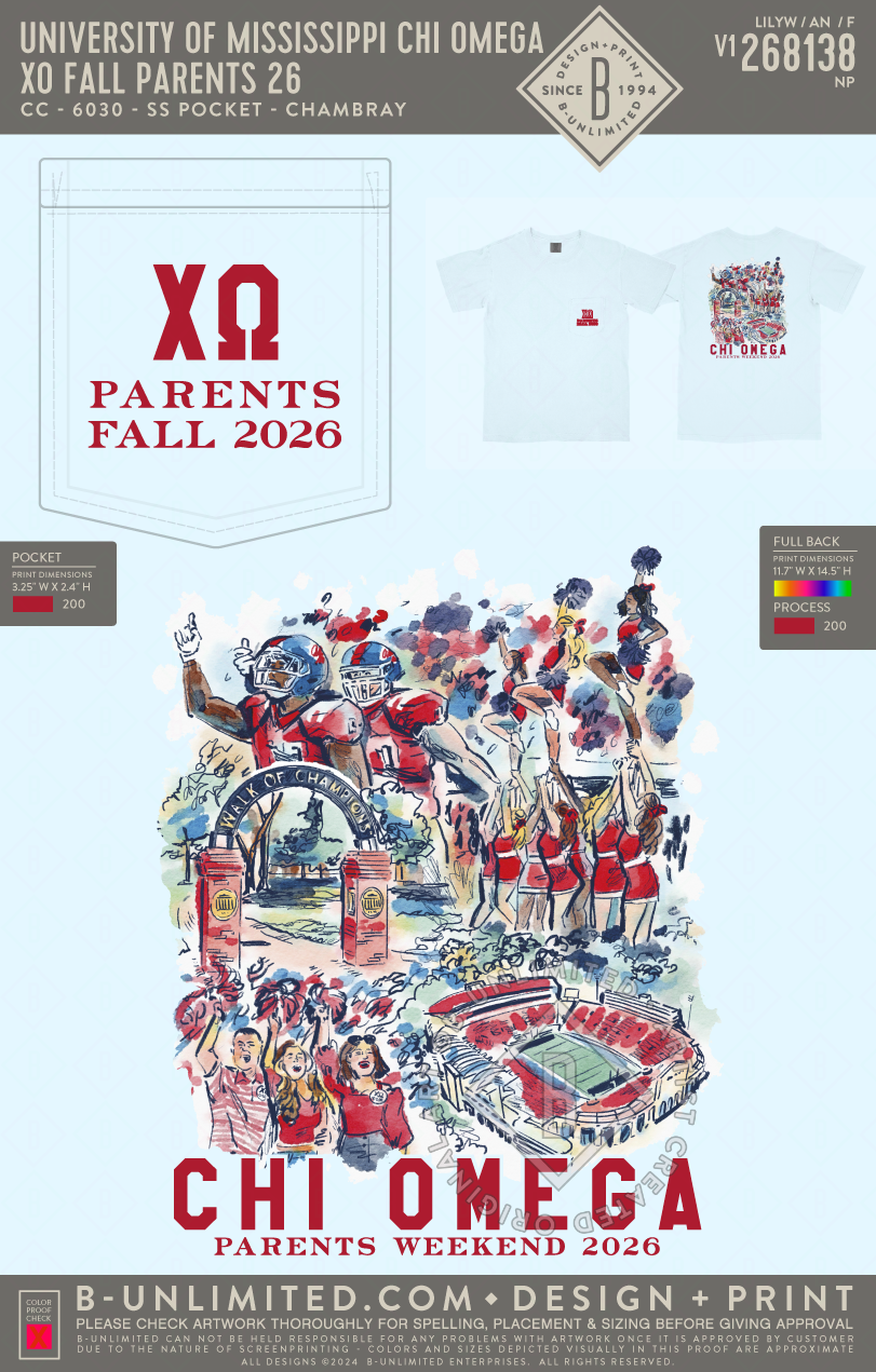 University of Mississippi Chi Omega - XO Fall Parents 26 - CC - 6030 - SS Pocket - Chambray