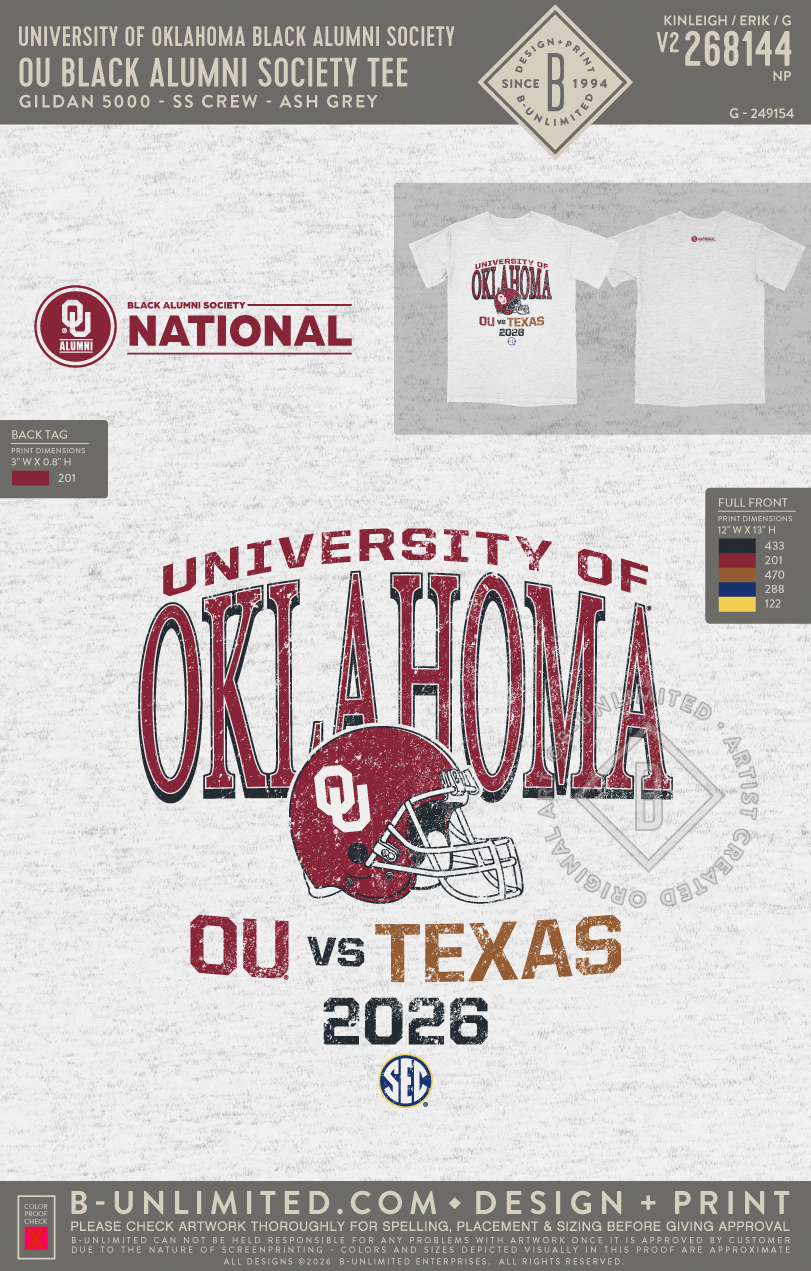 University of Oklahoma Black Alumni Society - OU Black Alumni Society Tee - Gildan - 5000 - SS Crew - Ash Grey
