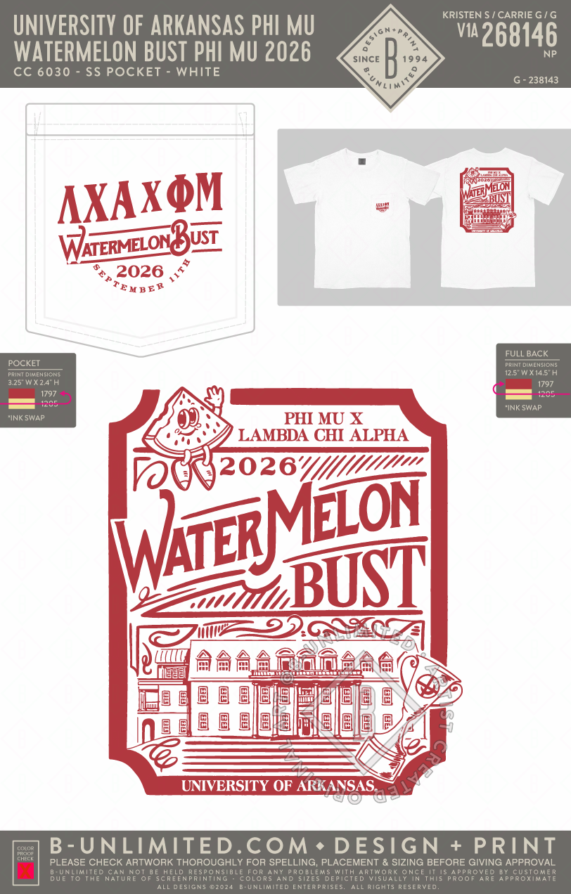 University of Arkansas Phi Mu - Watermelon Bust Phi Mu 2026 - CC - 6030 - SS Pocket - White