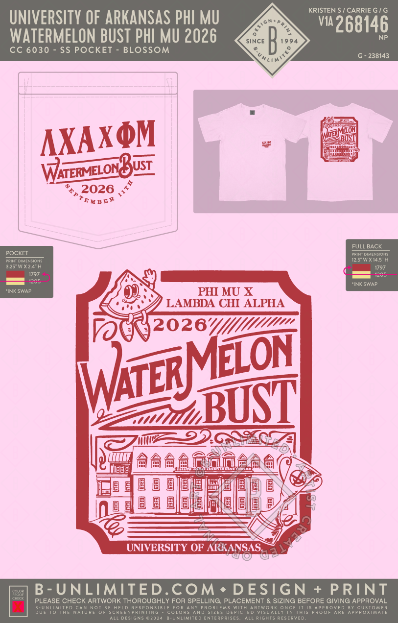 University of Arkansas Phi Mu - Watermelon Bust Phi Mu 2026 - CC - 6030 - SS Pocket - Blossom