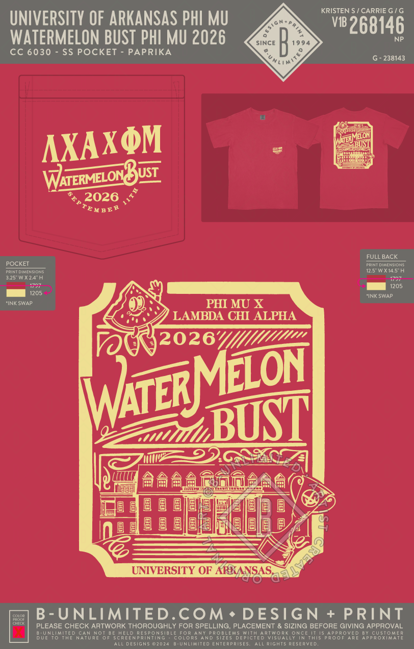University of Arkansas Phi Mu - Watermelon Bust Phi Mu 2026 - CC - 6030 - SS Pocket - Paprika