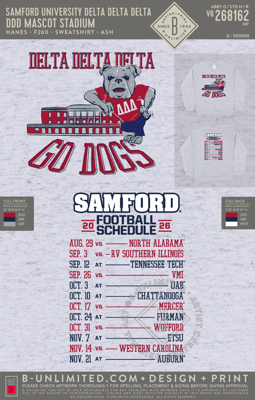 Samford University Delta Delta Delta - DDD Mascot Stadium - Hanes - F260 - Sweatshirt - Ash