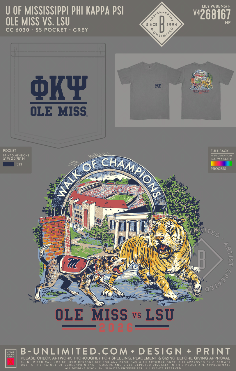 University of Mississippi Phi Kappa Psi - Ole Miss vs. LSU - CC - 6030 - SS Pocket - Grey
