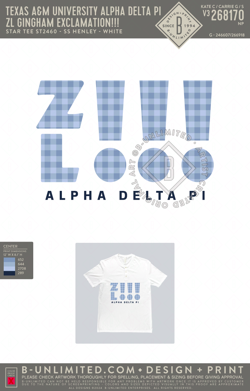 Texas A&M University Alpha Delta Pi - ZL Gingham Exclamation!!! - Star Tee - ST2460 - SS Henley - White
