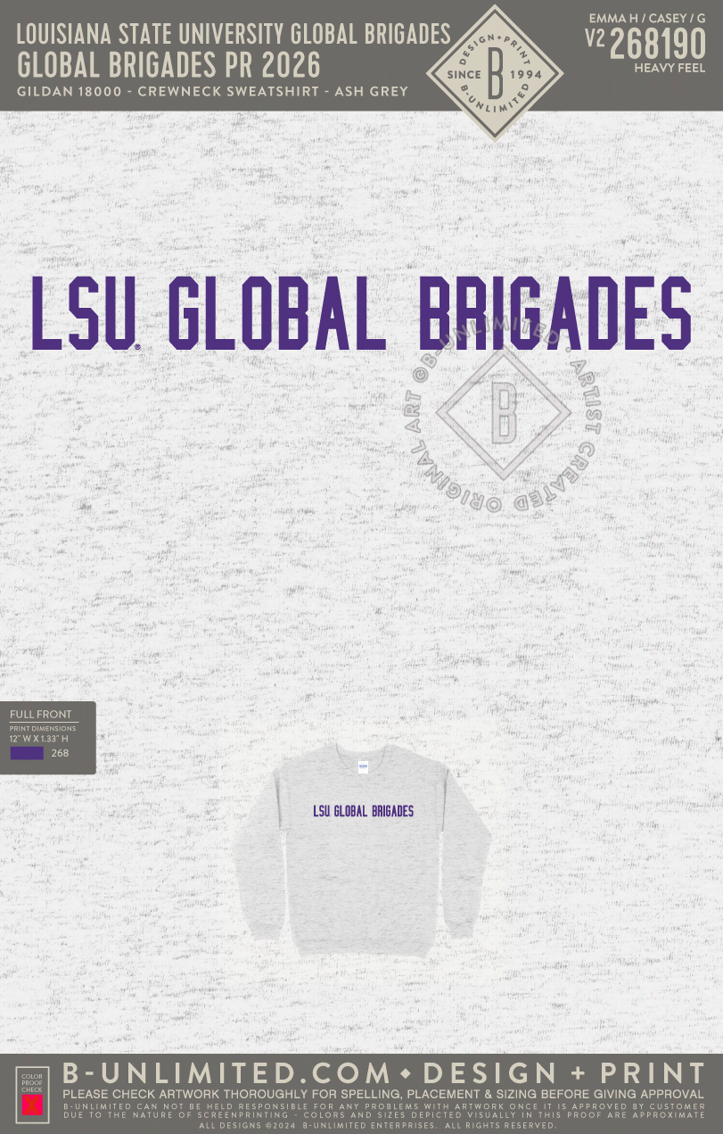 Louisiana State University Global Brigades - Global Brigades PR 2026 - Gildan - 18000 - Crewneck Sweatshirt - Ash Grey