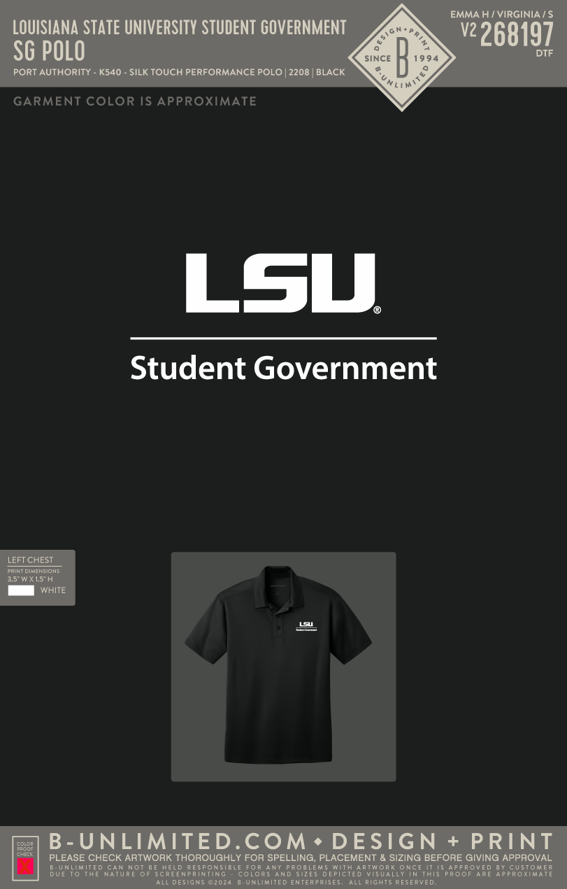 Louisiana State University Student Government - SG Polo - Port Authority - K540 - Silk Touch Performance Polo - Black